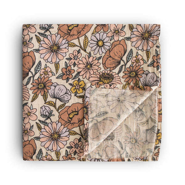 Muslin Swaddle Blanket Organic Cotton (Retro Flowers) - HoneyBug 