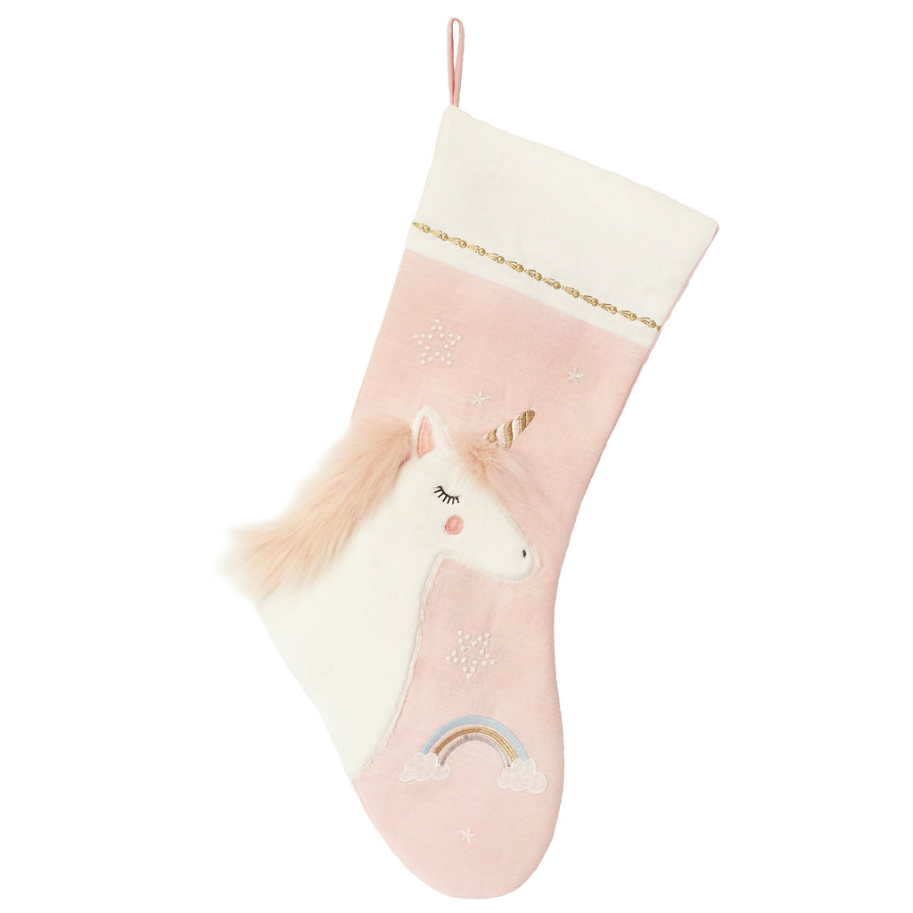 Pink Linen Unicorn Christmas Stocking - HoneyBug 