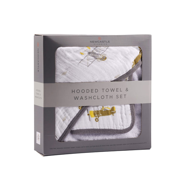 Flying Elephant Cotton Hooded Towel and Washcloth Set - HoneyBug 