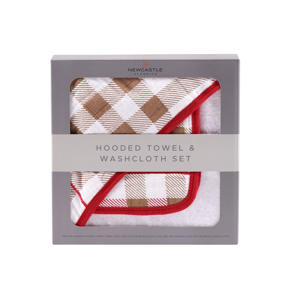 Plaid Cotton Hooded Towel and Washcloth Set - HoneyBug 