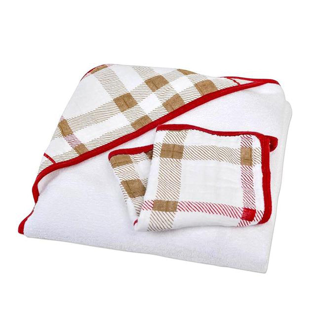 Plaid Cotton Hooded Towel and Washcloth Set - HoneyBug 