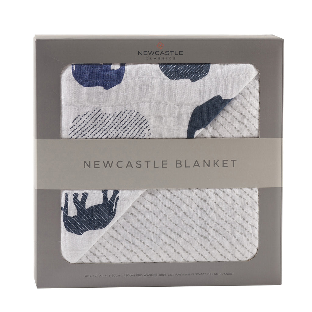 Blue Elephant and Spotted Wave Cotton Muslin Newcastle Blanket - HoneyBug 