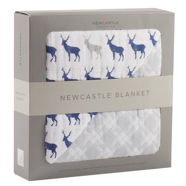 Blue Deer and Glacier Grey Plaid Cotton Muslin Newcastle Blanket - HoneyBug 