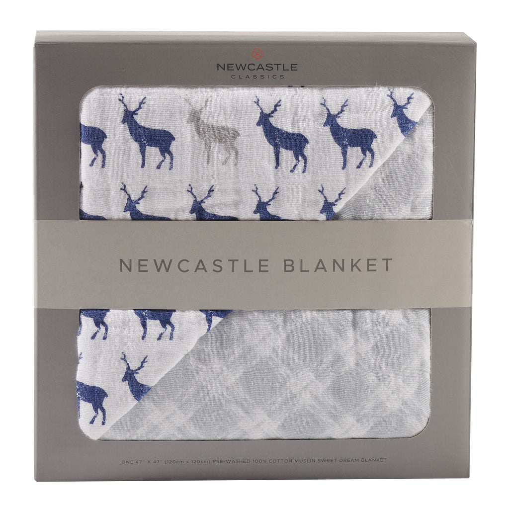 Blue Deer and Glacier Grey Plaid Cotton Muslin Newcastle Blanket - HoneyBug 