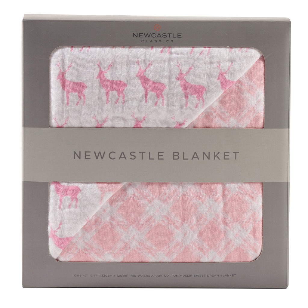 Pink Deer and Primrose Pink Plaid Cotton Muslin Newcastle Blanket - HoneyBug 
