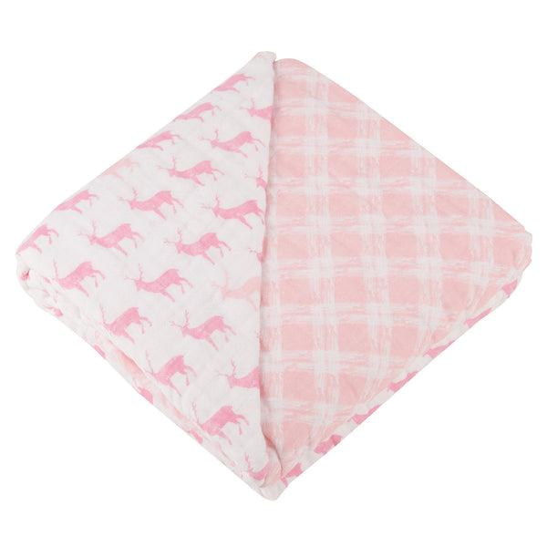 Pink Deer and Primrose Pink Plaid Cotton Muslin Newcastle Blanket - HoneyBug 
