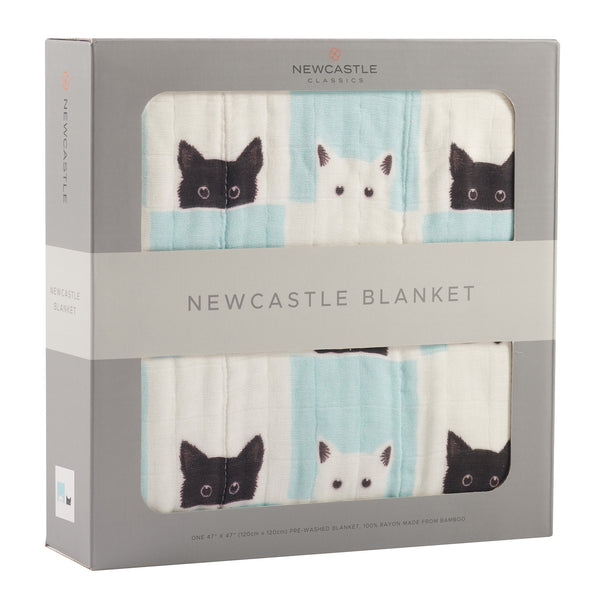 Peek-A-Boo Cats and White Bamboo Muslin Newcastle Blanket - HoneyBug 