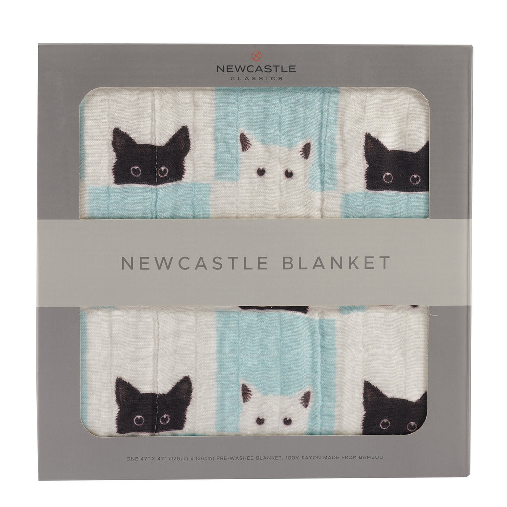Peek-A-Boo Cats and White Bamboo Muslin Newcastle Blanket - HoneyBug 