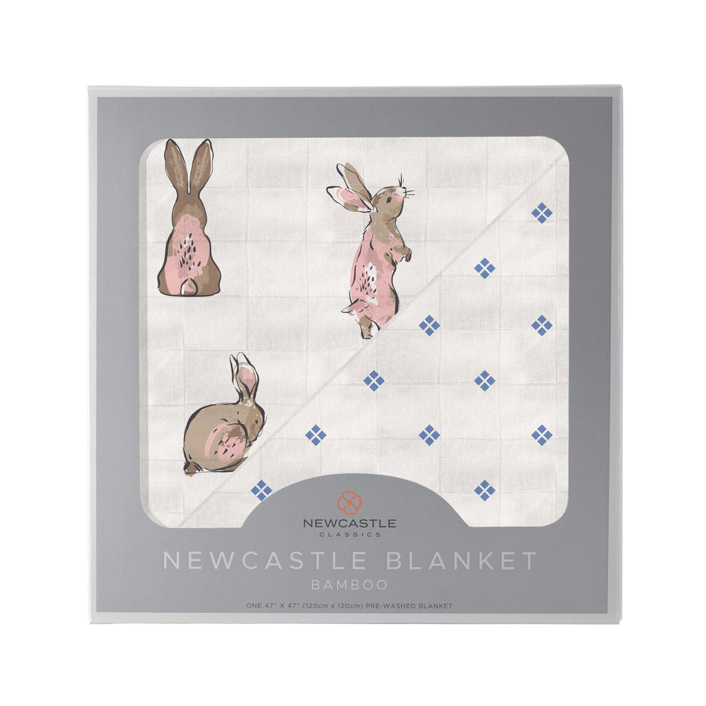 Powder Pink Bunnies and Periwinkle Diamond Polka Dot Bamboo Newcastle Blanket - HoneyBug 