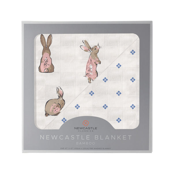 Powder Pink Bunnies and Periwinkle Diamond Polka Dot Bamboo Newcastle Blanket - HoneyBug 