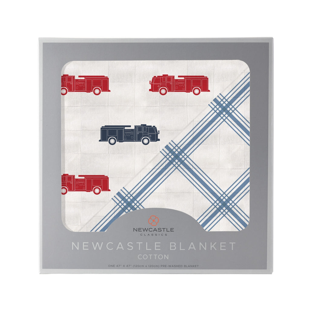 Blue and Red Fire Trucks and Buffalo Check Plaid Cotton Newcastle Blanket - HoneyBug 