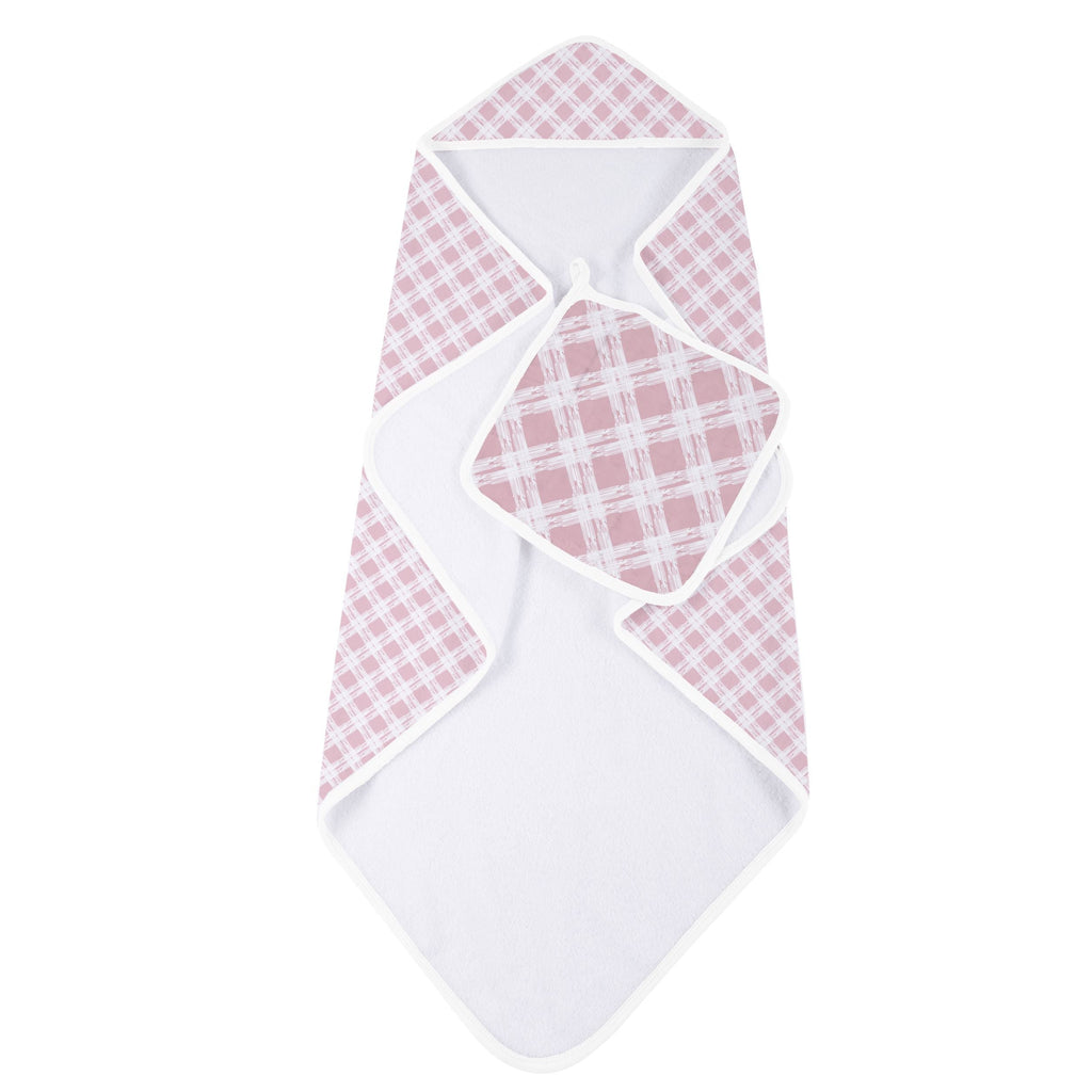 Pink Plaid Cotton Hooded Towel and Washcloth Set - HoneyBug 