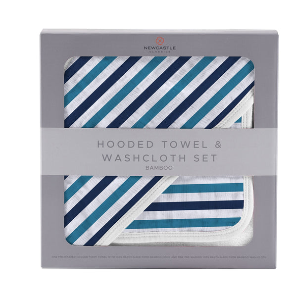 Blue and White Stripe Bamboo Hooded Towel and Washcloth Set - HoneyBug 