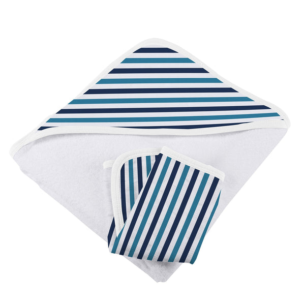 Blue and White Stripe Bamboo Hooded Towel and Washcloth Set - HoneyBug 
