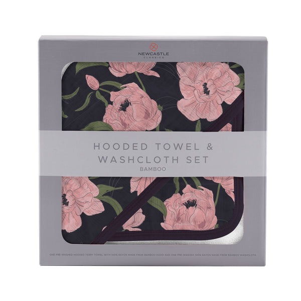 Peonies Hooded Towel and Washcloth Set - HoneyBug 