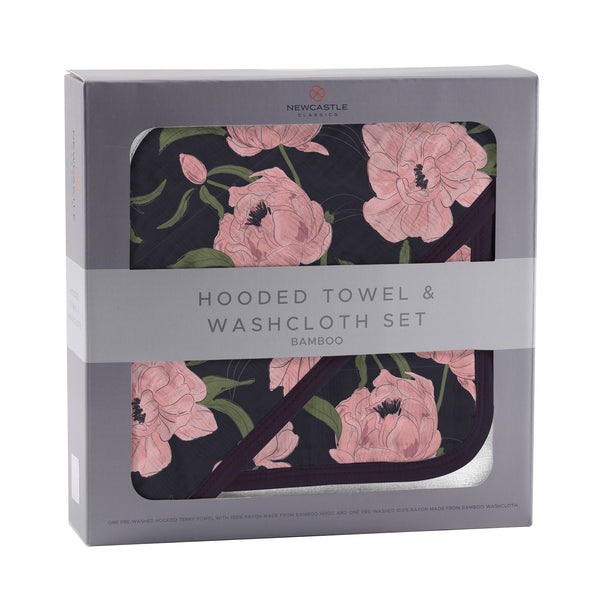 Peonies Hooded Towel and Washcloth Set - HoneyBug 