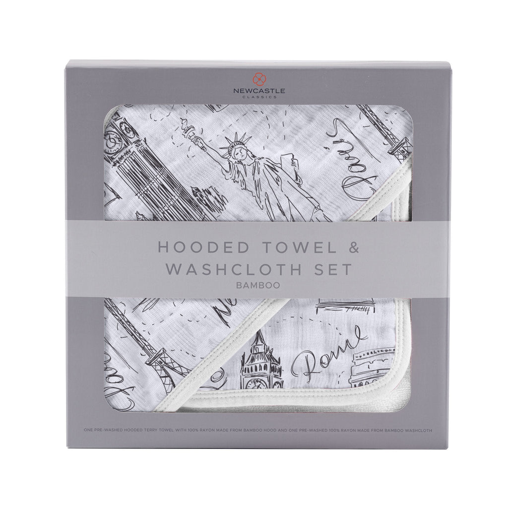 London, Paris, New York Hooded Towel and Washcloth Set - HoneyBug 