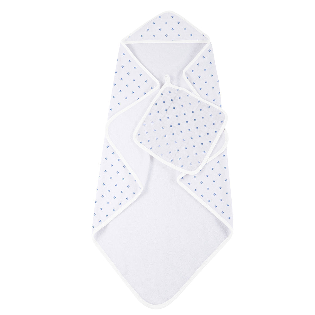 Periwinkle Diamond Polka Dot Bamboo Hooded Towel and Washcloth Set - HoneyBug 