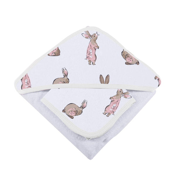 Powder Pink Bunnies Bamboo Hooded Towel and Washcloth Set - HoneyBug 