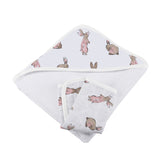 Powder Pink Bunnies Bamboo Hooded Towel and Washcloth Set - HoneyBug 