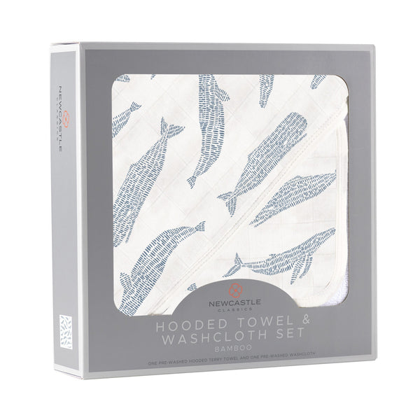 Blue Shadow Whales Bamboo Hooded Towel and Washcloth Set - HoneyBug 