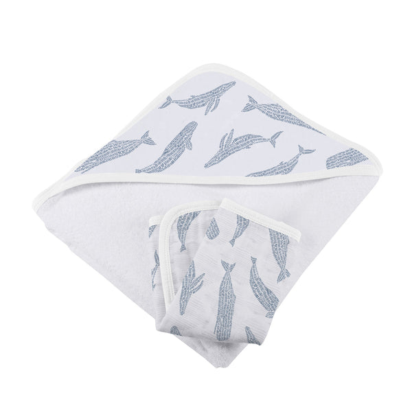 Blue Shadow Whales Bamboo Hooded Towel and Washcloth Set - HoneyBug 