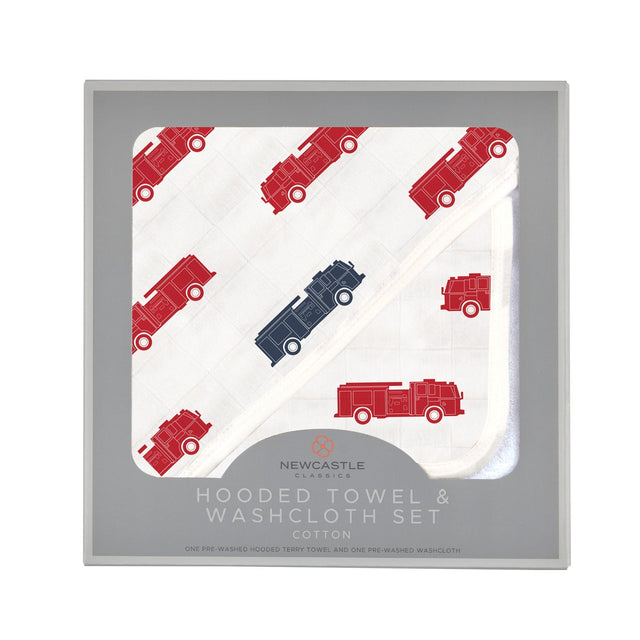 Blue and Red Fire Trucks Hooded Towel and Washcloth Set - HoneyBug 