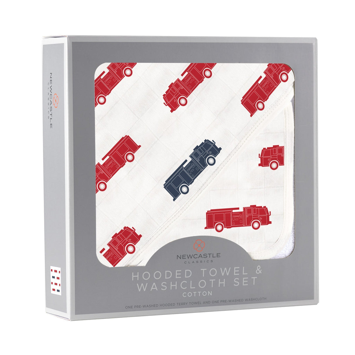 Blue and Red Fire Trucks Hooded Towel and Washcloth Set - HoneyBug 