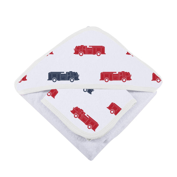 Blue and Red Fire Trucks Hooded Towel and Washcloth Set - HoneyBug 
