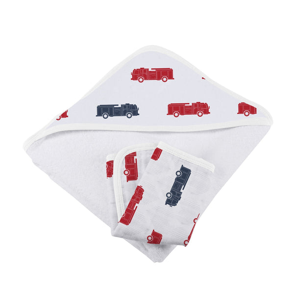 Blue and Red Fire Trucks Hooded Towel and Washcloth Set - HoneyBug 