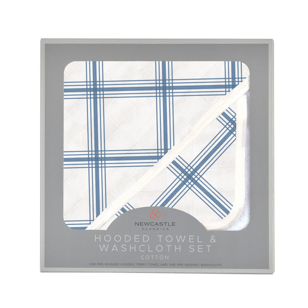 Blue Buffalo Check Plaid Hooded Towel and Washcloth Set - HoneyBug 