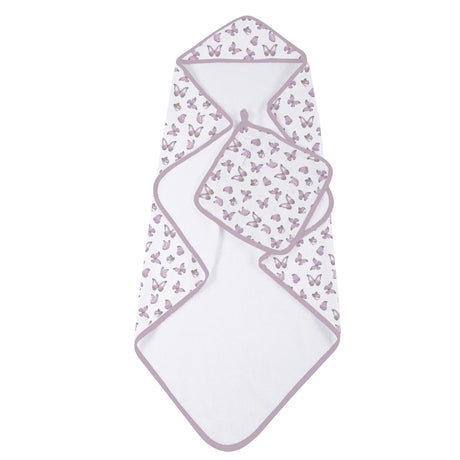 Winsome Butterflies Cotton Hooded Towel and Washcloth Set - HoneyBug 