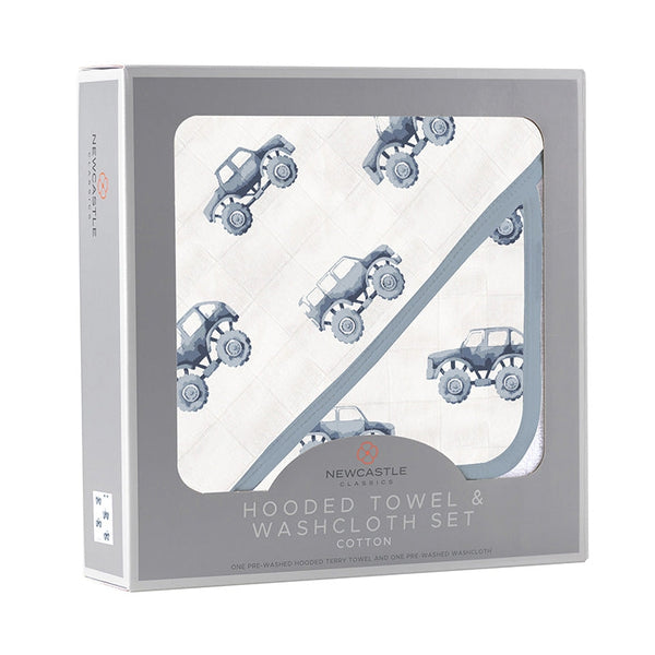 Indigo Monster Trucks Cotton Hooded Towel and Washcloth Set - HoneyBug 