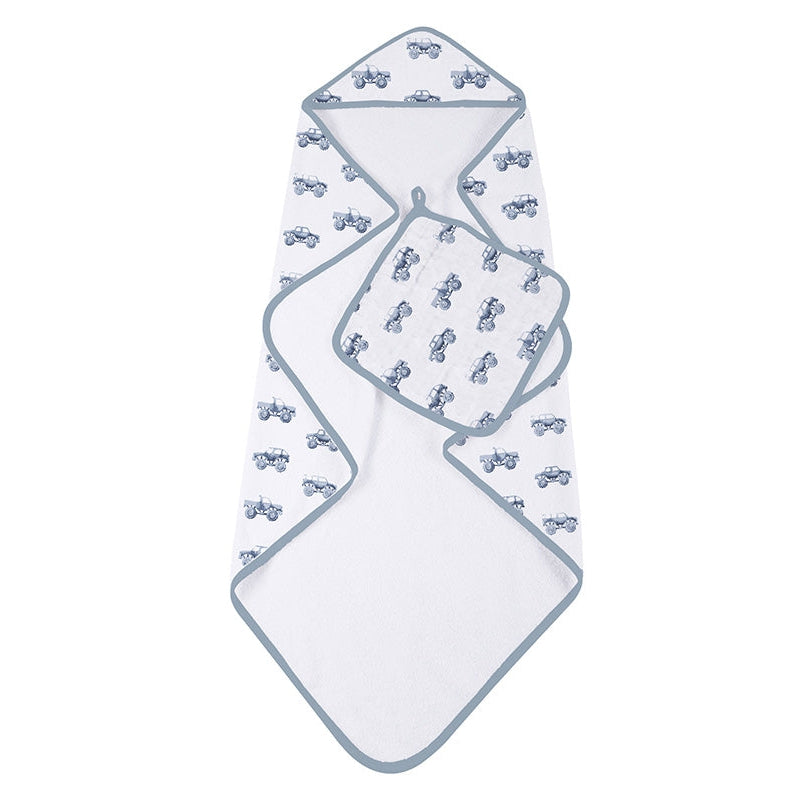 Indigo Monster Trucks Cotton Hooded Towel and Washcloth Set - HoneyBug 
