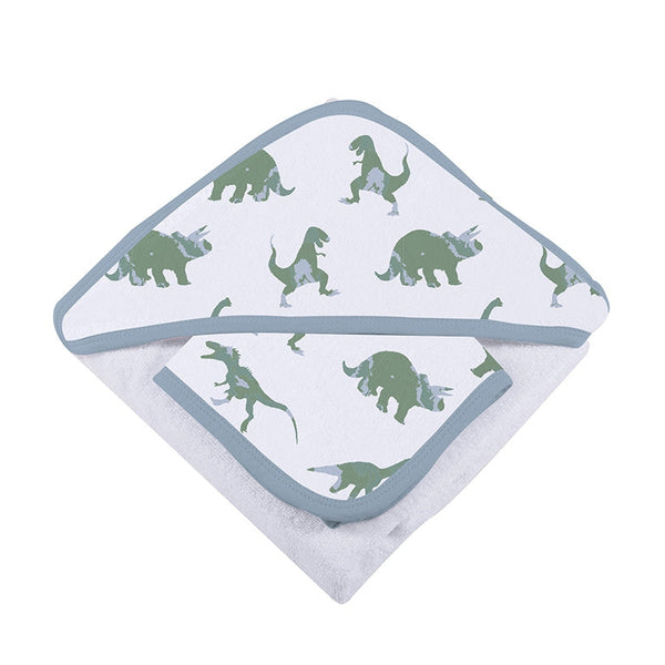Granite Green Dinosaurs Cotton Hooded Towel and Washcloth Set - HoneyBug 