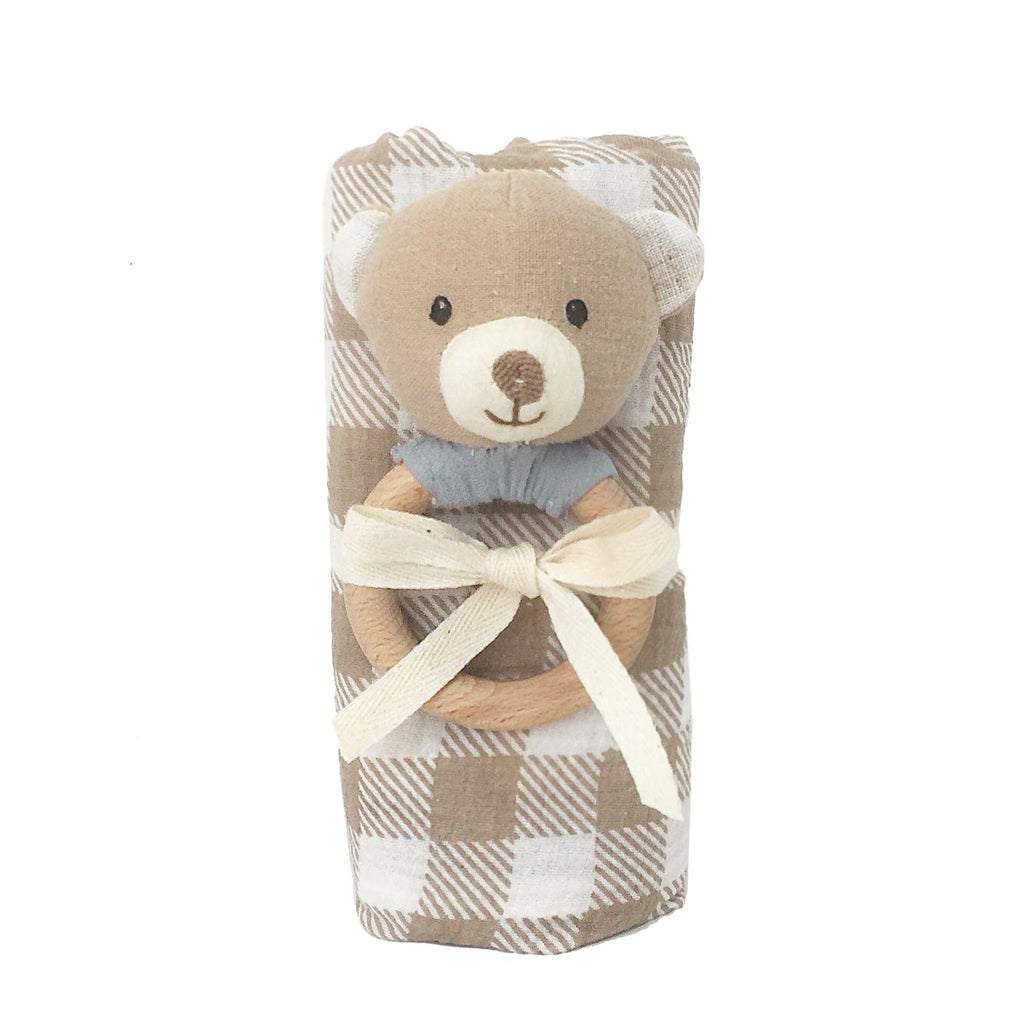 Gingham Muslin And Bear Wood Rattle Gift Set - HoneyBug 