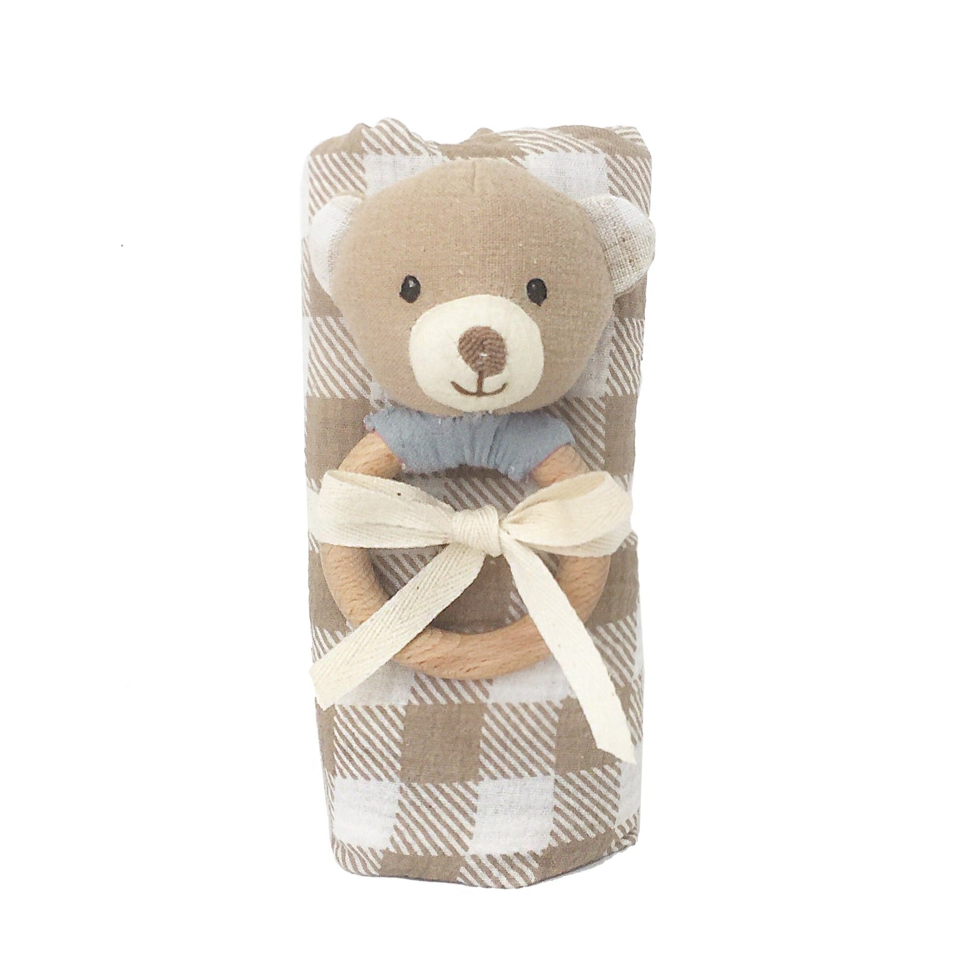 Gingham Muslin And Bear Wood Rattle Gift Set - HoneyBug 