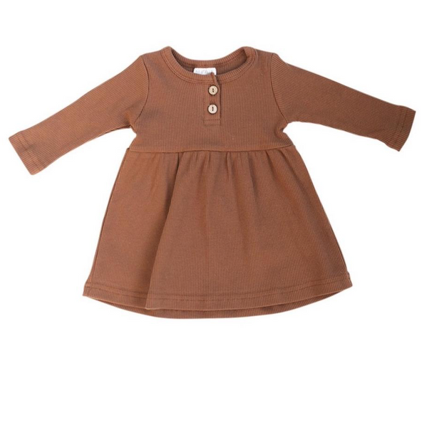 Rust Long Sleeve Button Ribbed Organic Cotton Dress - HoneyBug 