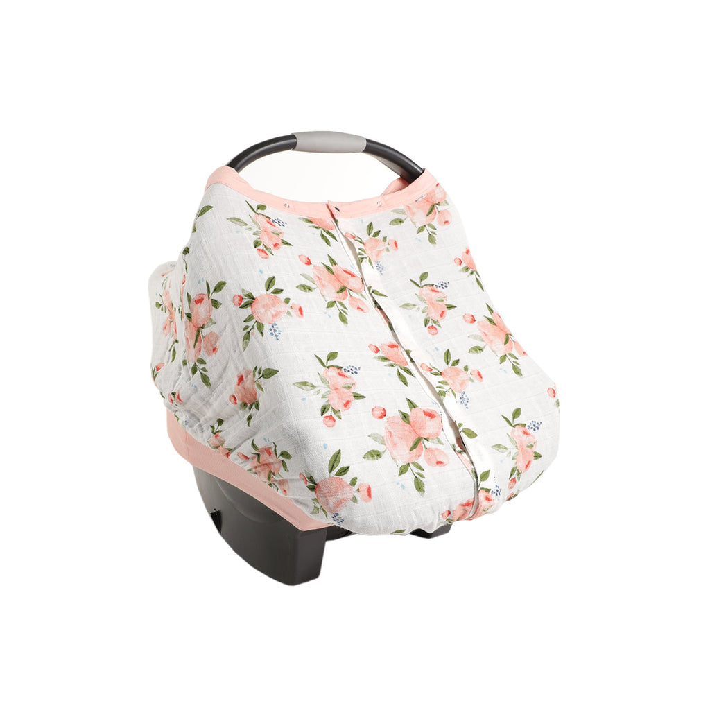 Cotton Muslin Car Seat Canopy - Watercolor Roses - HoneyBug 