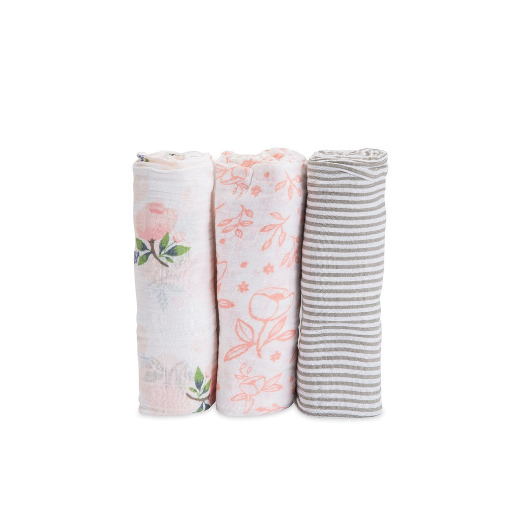 Cotton Muslin Swaddle Blanket Set - Watercolor Roses - HoneyBug 