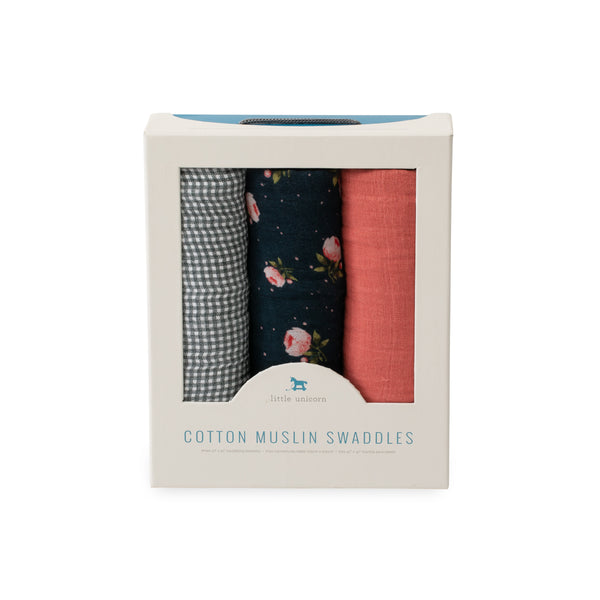 Cotton Muslin Swaddle Blanket Set - Midnight Rose - HoneyBug 