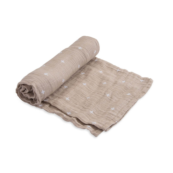 Cotton Muslin Swaddle Blanket - Taupe Cross - HoneyBug 