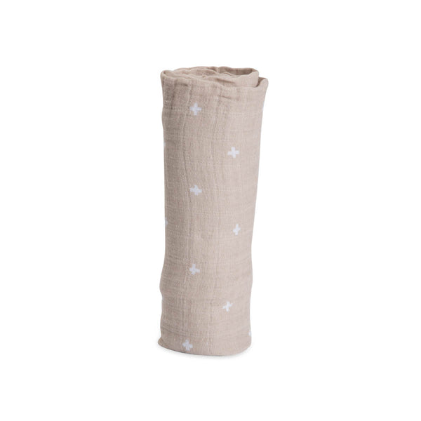 Cotton Muslin Swaddle Blanket - Taupe Cross - HoneyBug 