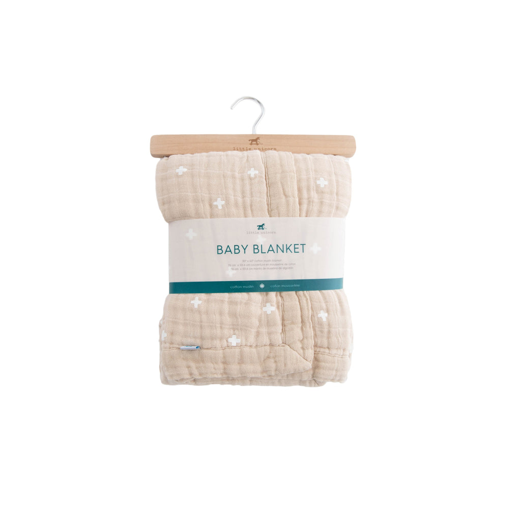Cotton Muslin Baby Blanket - Taupe Cross - HoneyBug 