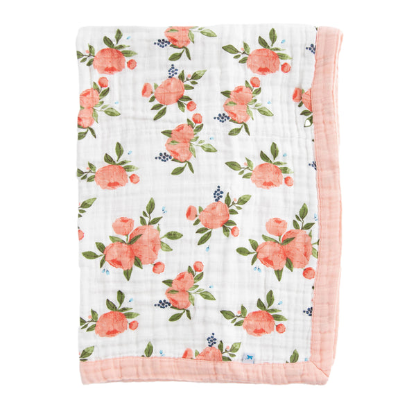 Cotton Muslin Baby Blanket - Watercolor Roses - HoneyBug 