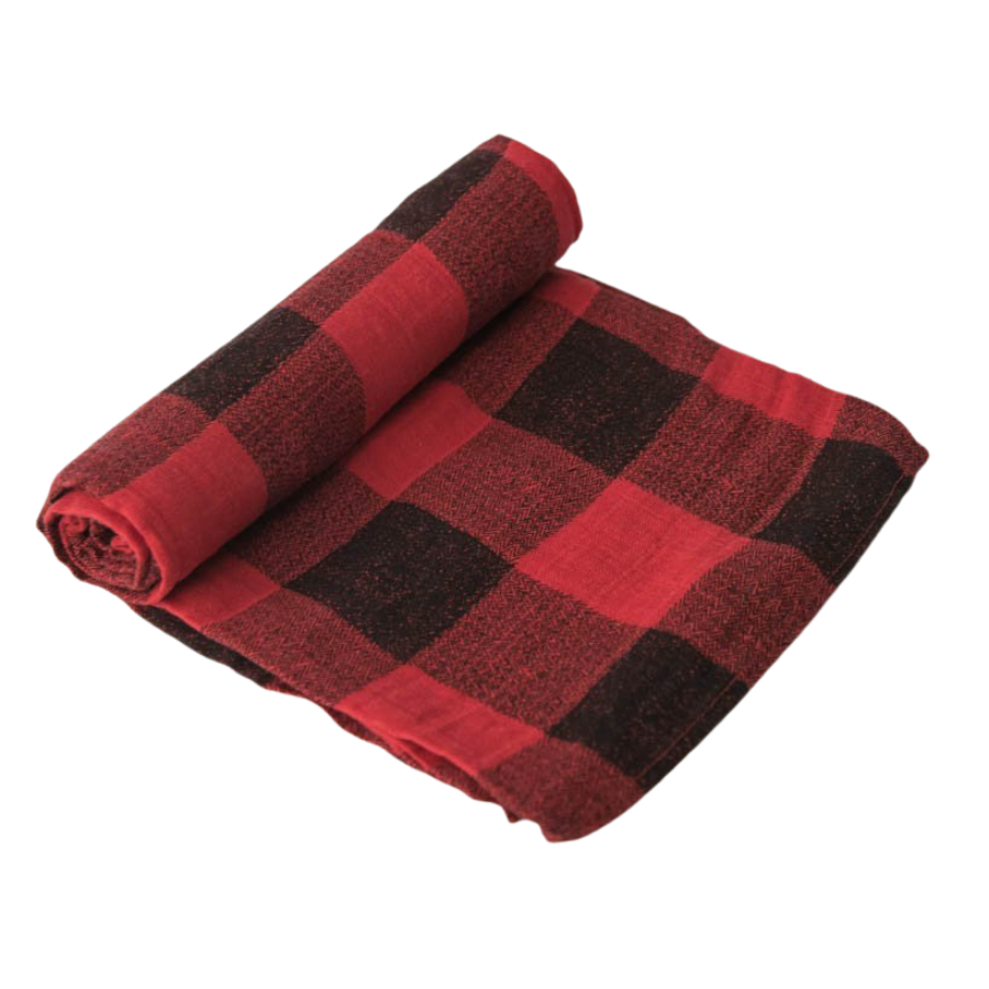 Cotton Muslin Swaddle Blanket - Red Plaid - HoneyBug 