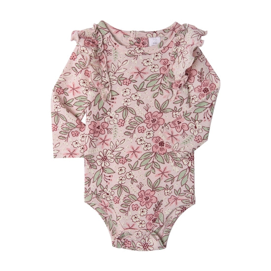 Ruffled Floral Pink - 3pk Long Sleeve Bodysuits - HoneyBug 