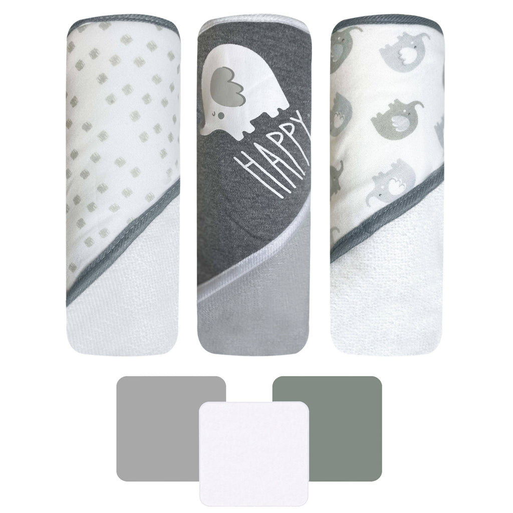 3Pk Hooded Towel W/ 3Pk Wash Cloth - Happy Elephant Grey - HoneyBug 