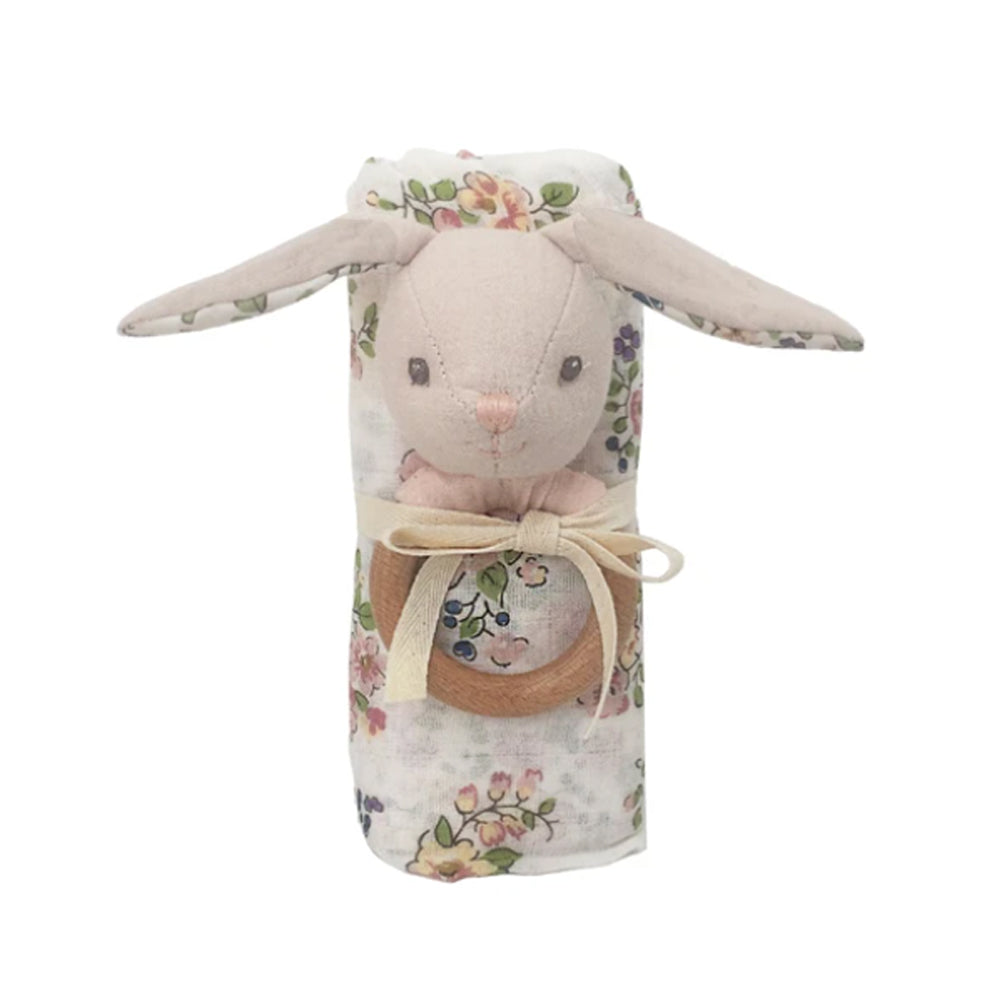Floral Muslin And Bunny Wood Rattle Gift Set - HoneyBug 