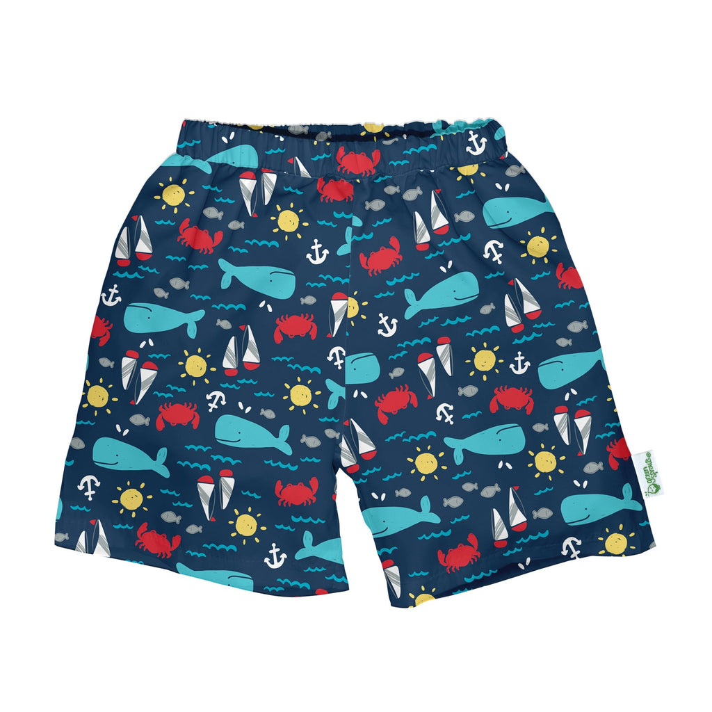 Classic Trunks with Built-in Reusable Absorbent Swim Diaper - Navy Nautical Whale - HoneyBug 